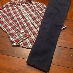 Chaps Red and blue green Plaid Shirt/ Osh gosh navy slim pants size 10/12